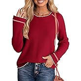 Dokotoo Womens Tops Long Sleeve Shirts Waffle Knit Tops Crewneck Fashion 2024 Casual T Shirts Loose Shirts Basic Tee