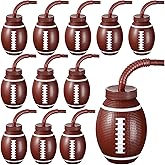 Sawysine 12 Sets Football Ball Cups with Straws and Lids, 10 oz Toddler Plastic Reusable Super Football Party Cups Bulk for Kids Birthday Theme Party Supplies
