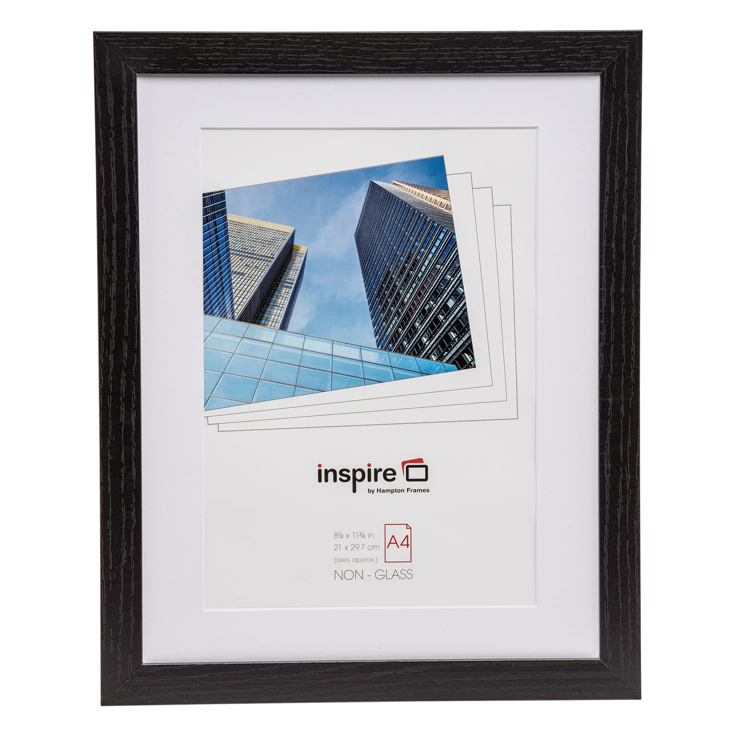 Hampton Frames CARNEGIE A4 (21x30cm) Black Picture Poster Photo Frame with Mount Acrylic (Non-Glass) CNGA4BLK