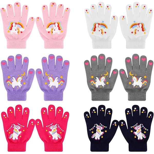 Lot De 6 Paires De Gants Licorne Enfant – Mitaines Chaudes Hiver – Taille 4-12 Ans – Polyester Élastique – Motif Magique
