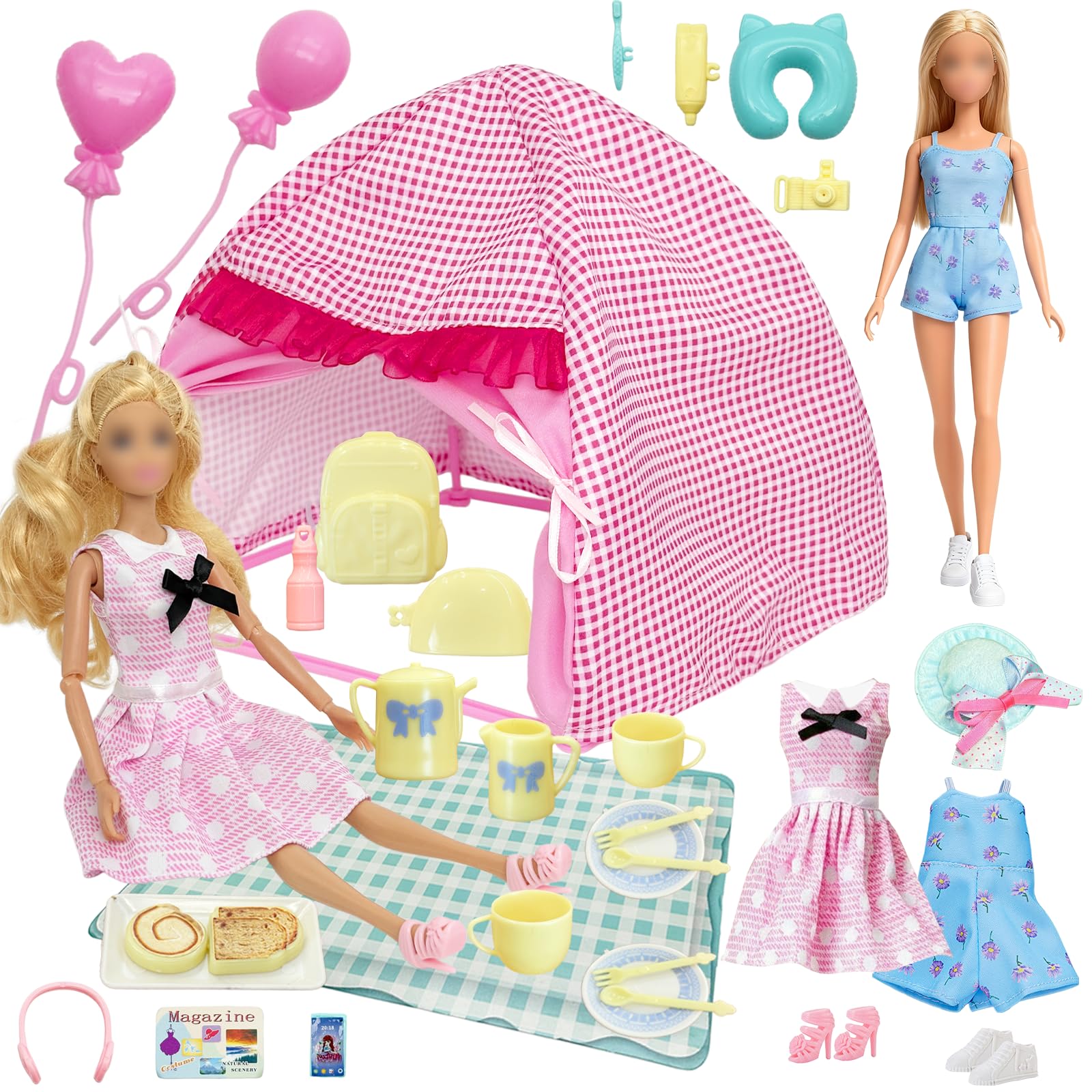 33 Pcs Doll Travel Camping Tent Set Compatible with Barbie 11.5 Inch Doll, 1 Tent 1 Picnic mat 1 Skirt 1 Jumpsuit 1 Hat 2 Balloons 2 Shoes 13 Tableware ornaments 10 Mini accessories, Girl Gifts