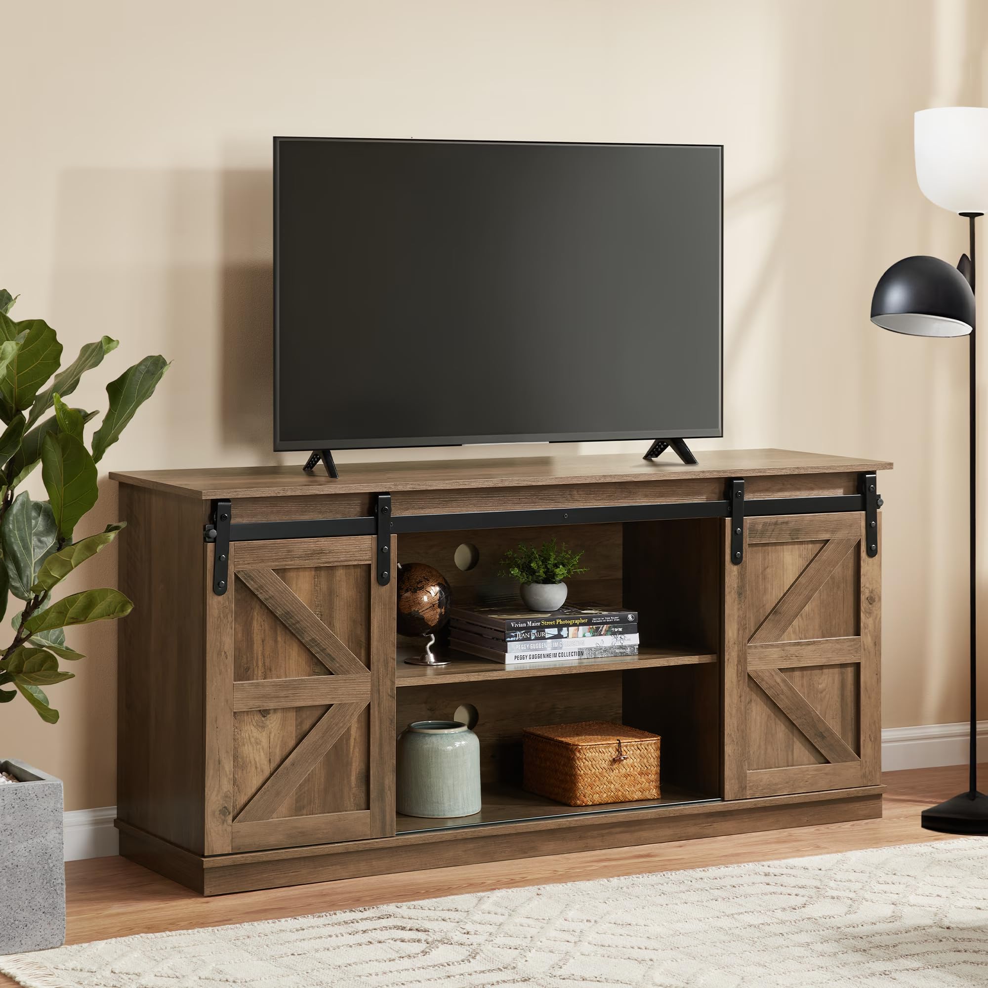 Photo 1 of Comeway Farmhouse TV Stand for 43 55 65" TV, Entertainment Center with Storage Cabinets & Sliding Barn Doors, Rustic TV Stand Mid Century Modern for Living Room Bedroom Office Furniture, Natural Brown