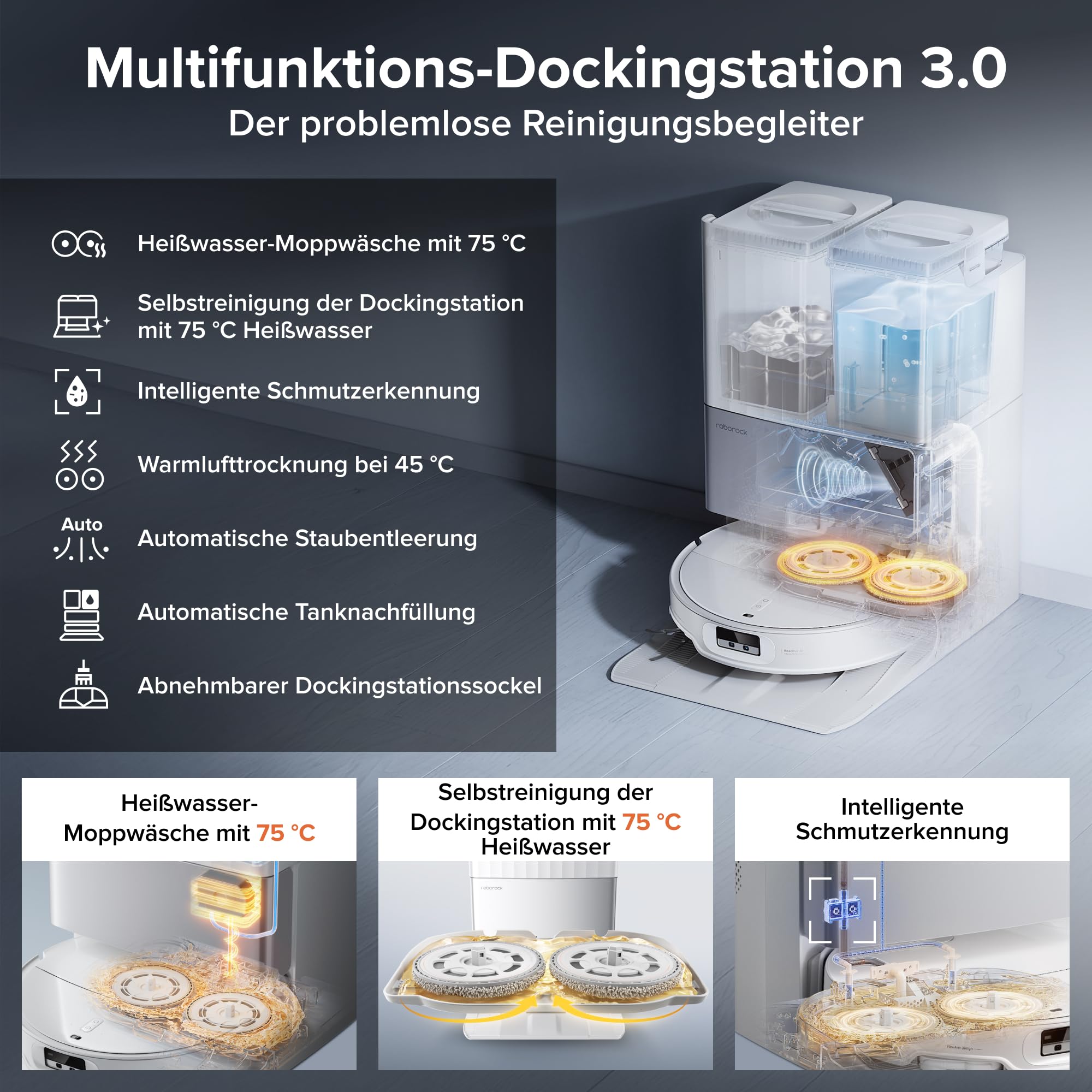 roborock Qrevo EdgeT Saugroboter mit Wischfunktion, Dual Anti-Tangle-System, 18.500Pa, 7,98cm Ultra-Slim Design, FlexiArm Technologie, 75℃ Heißwasser-Moppwäsche, Integrierter Sprachassistent (Weiß) 7
