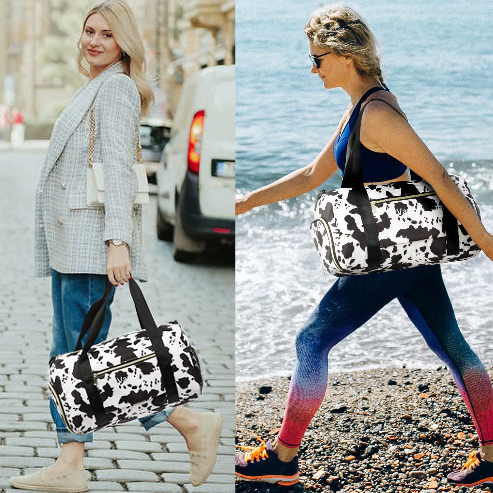 Vankor Gym Bag for Women with Shoe Compartment Waterproof, Sports Duffle Bag for Travel Duffel Weekender Carry on Beach Yoga Overnight Luggage Mommy Maternity Hospital Bag Cow Print 17.5 Inch