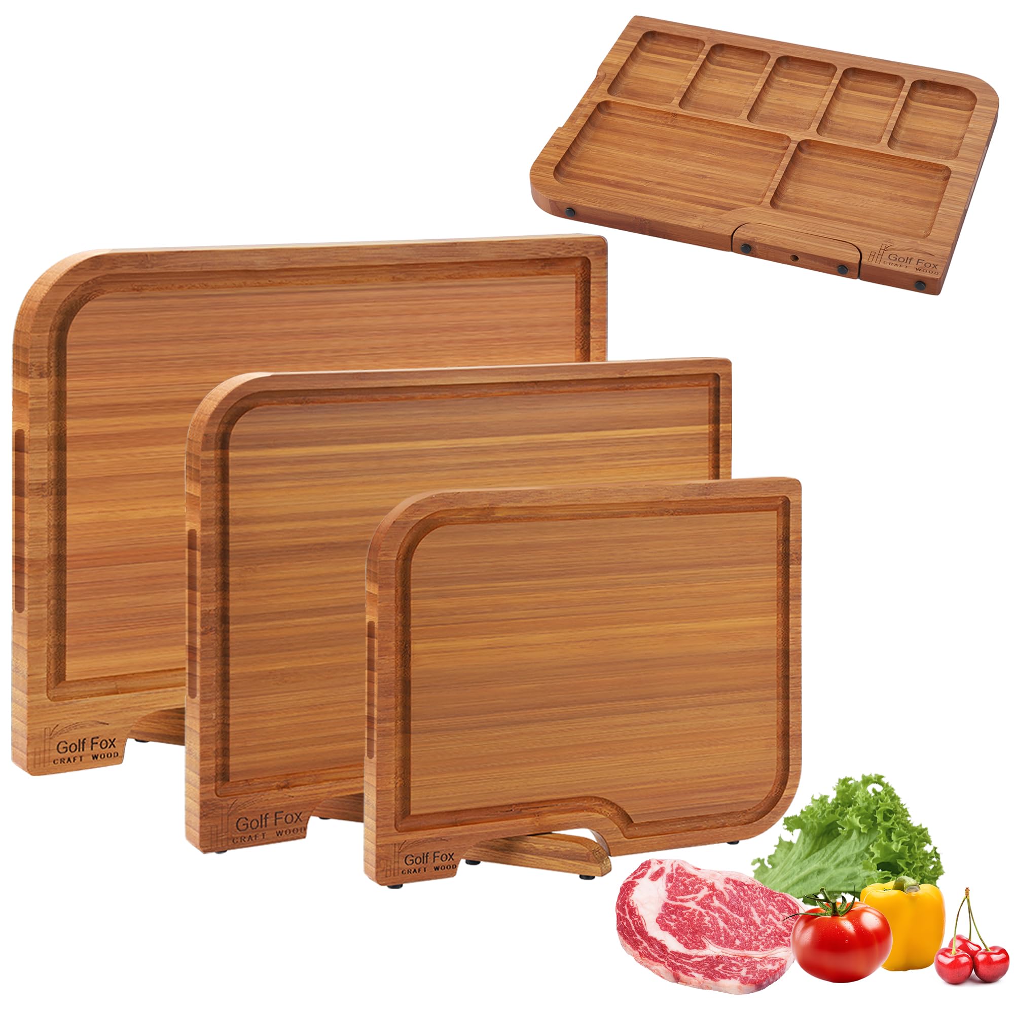 Photo 1 of 3-PCS Wood Cutting Board Set with Innovative Stand - Durable Double Sided Bamboo Cutting Board with Juice Groove & Handle for Meal Prep, Meat Charcuterie Serving, Eco-Friendly Healthy Kitchen Gift