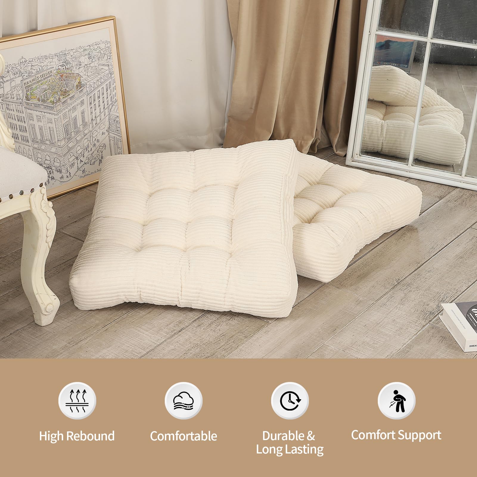 LOVMOC 22 inches Meditation Pillow, Square Large Floor Cushions for Adults, Thick Corduroy Floor Pillows for Sitting, Yoga, Living Room, Sofa, Tatami, Beige - Image 3
