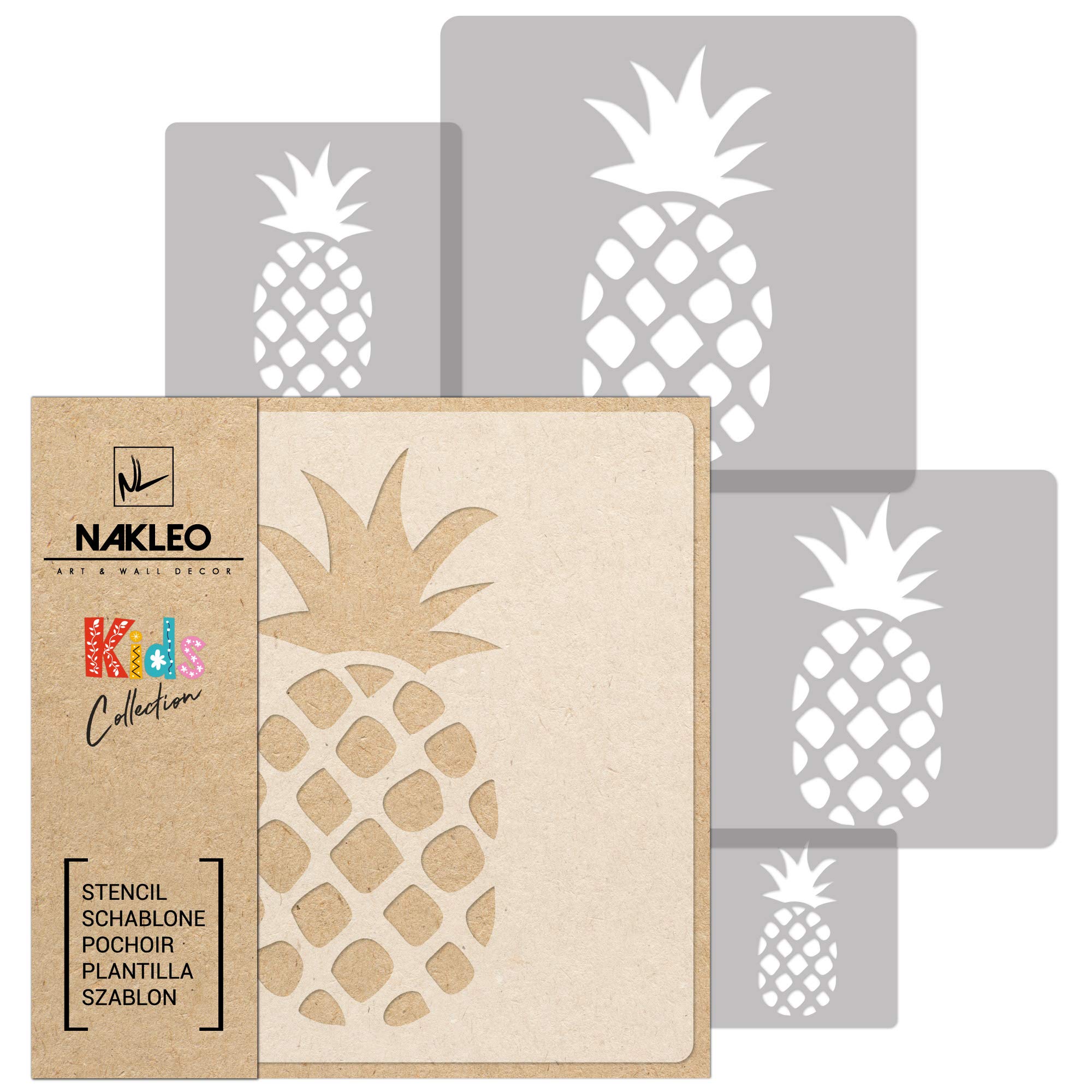 NAKLEO Painting Stencils Set for Nursery Room, 5 Pcs Templates 9x9 to 34x34cm Pineapple Ananas Tropical, Plastic and Reusable Drawing Stencils, Decor, Craft DIY Wall Furniture