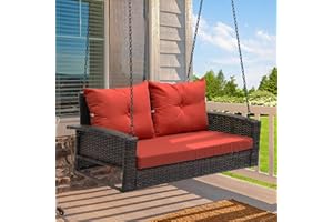 YITAHOME Wicker Hanging Porch Swing Chair Outdoor Brown Rattan Patio Swing Lounge w/ 2 Back Cushions Capacity 530lbs for Garden, Balcony, Living Room, Red