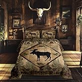 Homewish Moose Silhouette Decor Comforter Set Queen Size 3 Pcs Green Jungle Pine Trees Cones Bedding Comforter for Kids Teens Adults Vintage Plaid Lodge Cabin Quilt Duvet Set with 2 Pillowcases