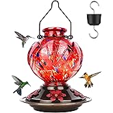 BOLITE Hummingbird Feeder, Hand Blown Glass Hummingbird Feeders for Outdoors Hanging, with Ant Moat and 5 Feeding Ports, 22 Ounces, Peony Flower Shape, Red, Gifts for Women Men, Gifts for Mom Dad