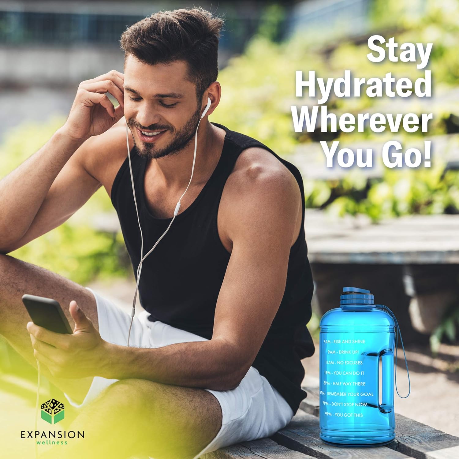 Motivational Water Bottle with Time Marker & Hourly Hydration Measurements – BPA Free & Non Toxic Large Sports Fitness Bottle Jug with Wide Mouth – Ensure You Drink Enough Water (Blue): Sports & Outdoors