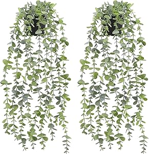 Fake Plants Artificial Hanging Plants - Fake Eucalyptus Plants Potted Faux Greenery Vines for Home Desk Decor, Set of 2