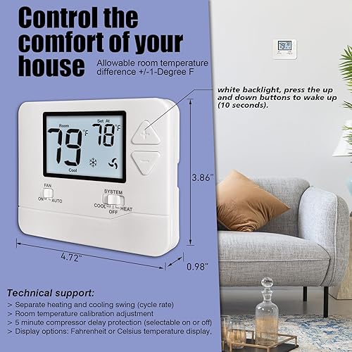 Heagstat Non-Programmable Thermostats for Home Conventional Single-Stage  Systems, up to Heat/ Cool (with W