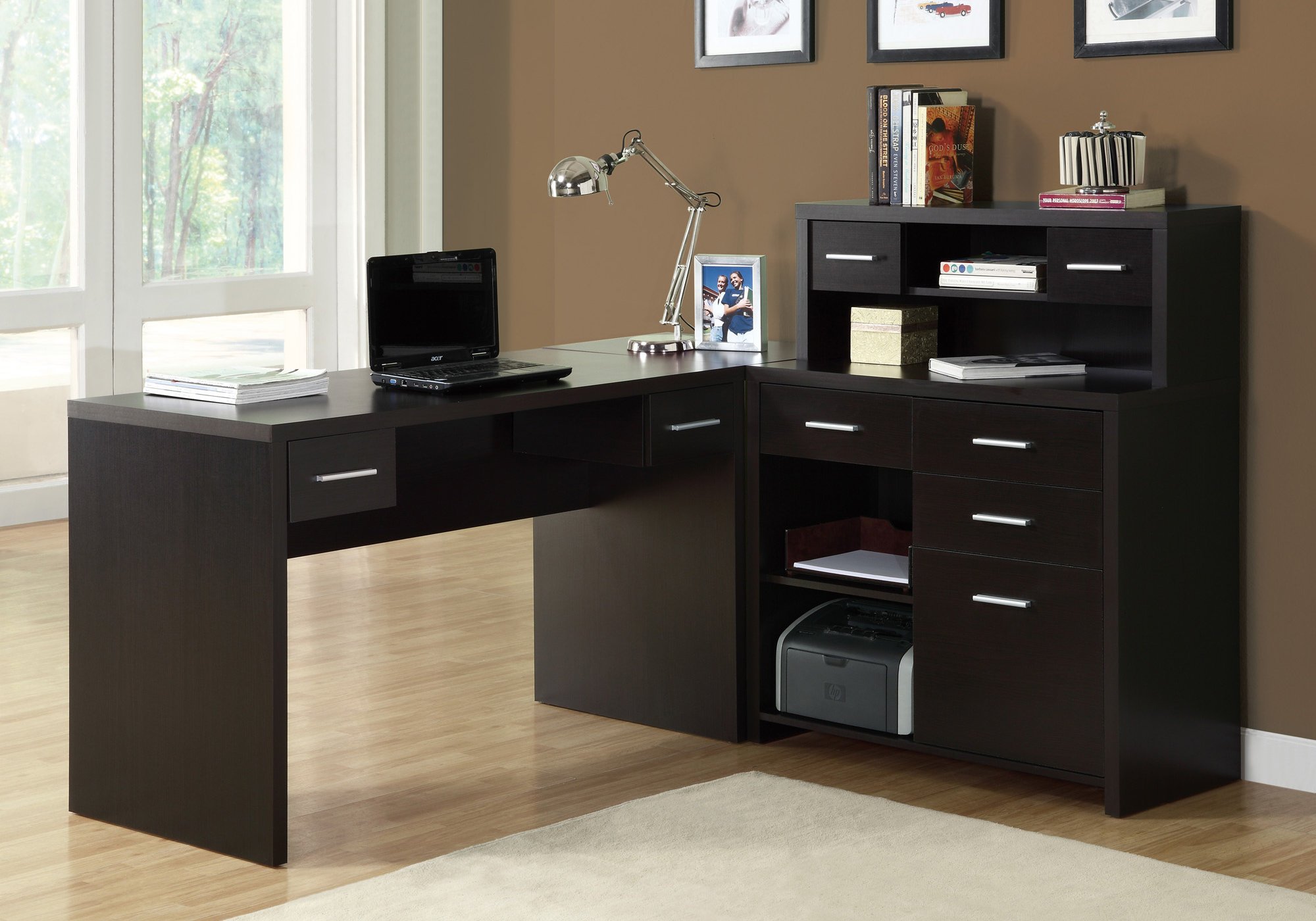 Monarch Specialties Computer Desk L-Shaped - Left or Right Set- Up - Corner Desk with Hutch 60"L (Cappuccino) ( box 1 of 2 only ) incomplete