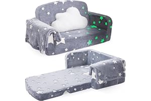 Extra Wide Kids Couch, 2-in-1 Soft Toddler Couch with Blanket, Glow in The Dark, Comfy Toddler Chair with Cloud Pillow, Conve
