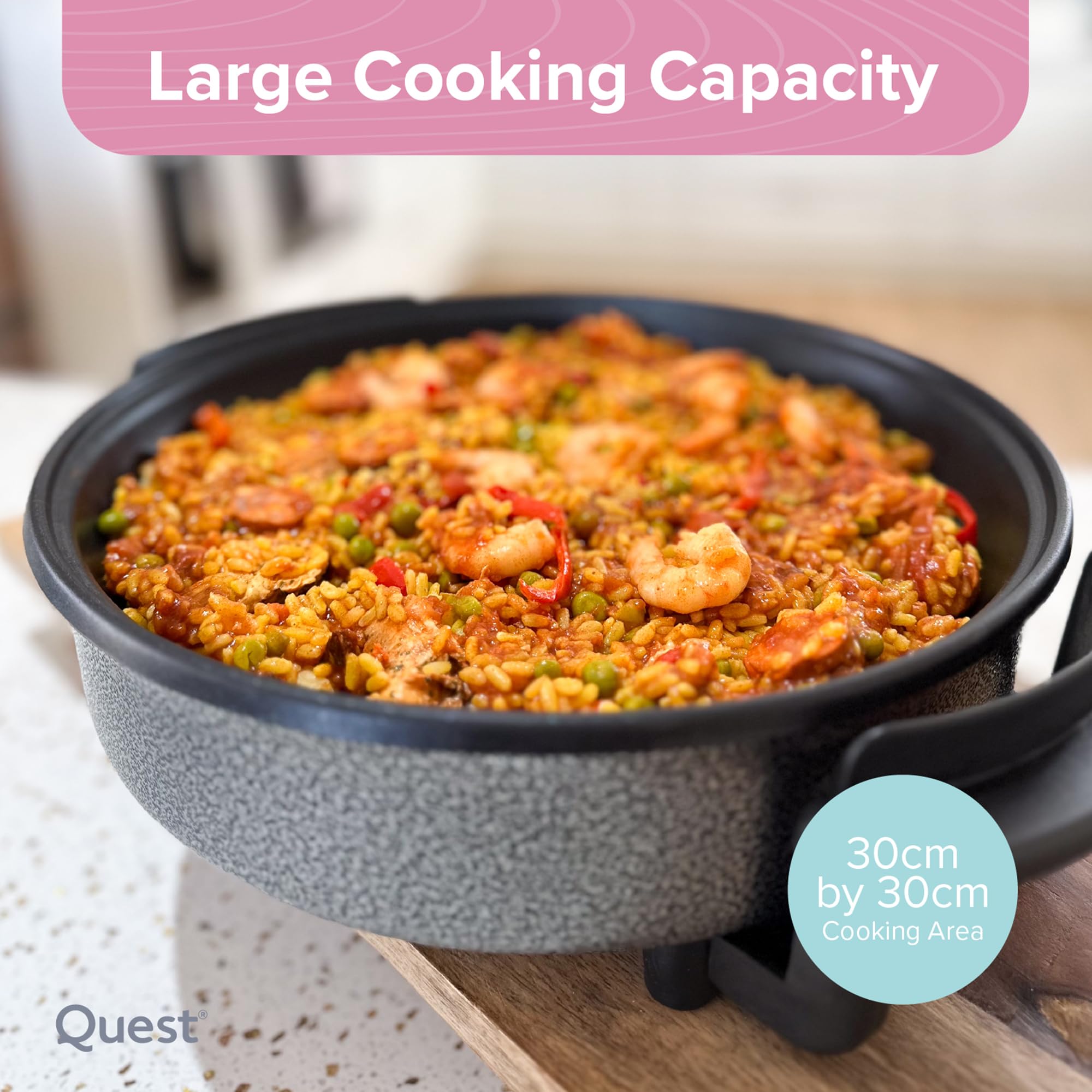 Quest 35410 30cm Multi-Function Electric Cooker Pan with Lid/Adjustable Thermostatic Control/Non-Stick Aluminium / 30 x 30cm Surface/Detachable Power Cable For Serving