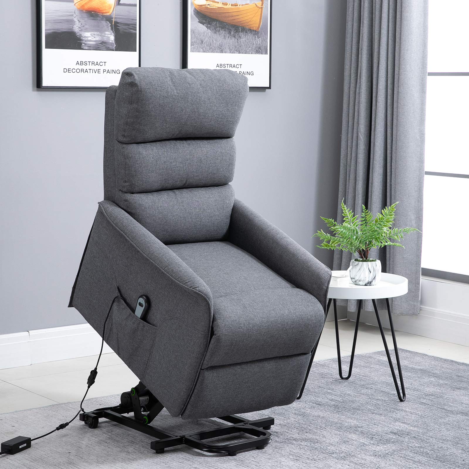 HOMCOM Power Lift Assist Recliner Chair for Elderly with Wheels and Remote Control, Linen Fabric Upholstery Grey