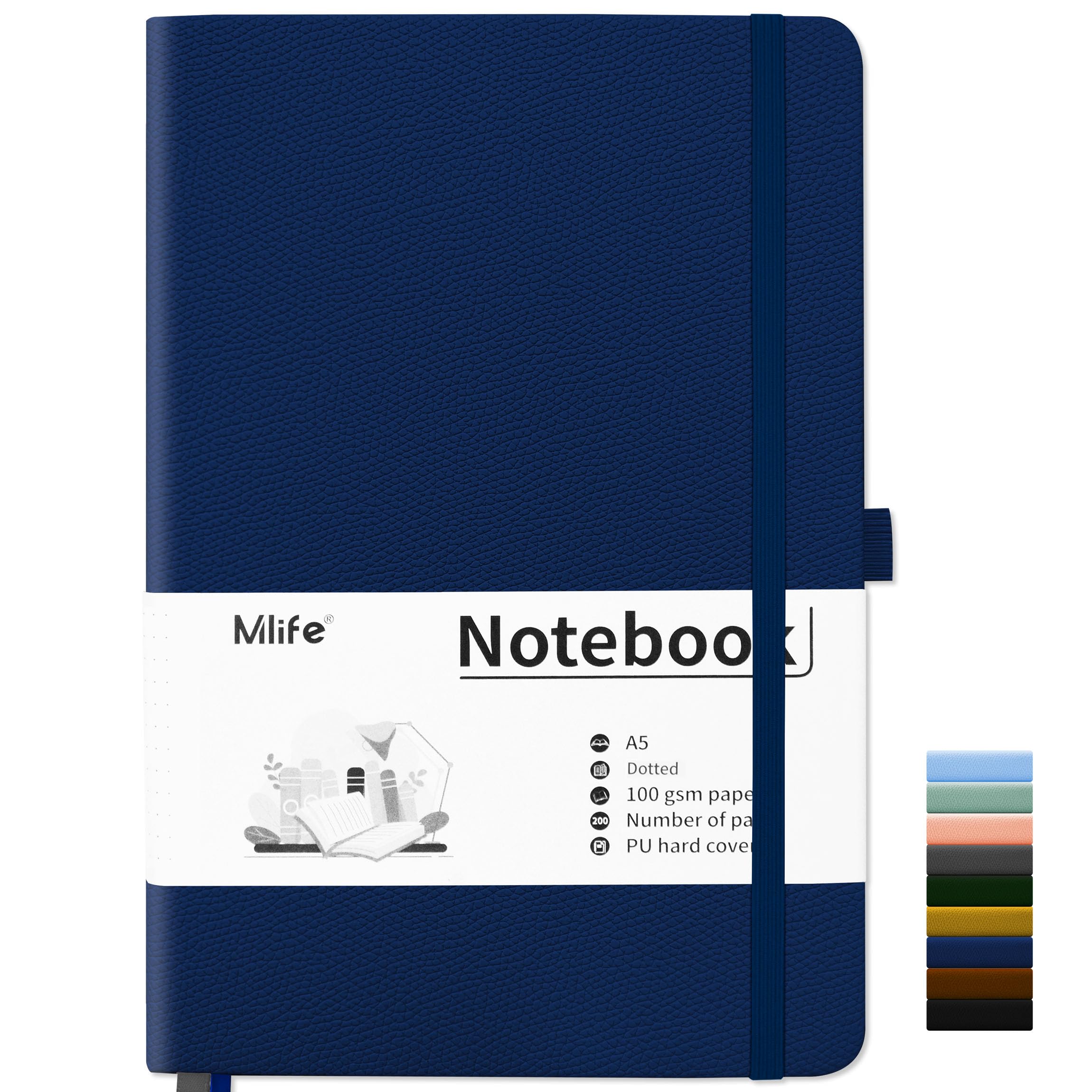 Mlife A5 Notebook-Bullet Dotted Journals,200 Pages Hardcover Dotted Notebook,100 Gsm Thick Paper,PU Hard Cover,Notepad 5.75" x 8.38"for Planning, Study, Travel, Drawing, Sketching and Projects-Blue