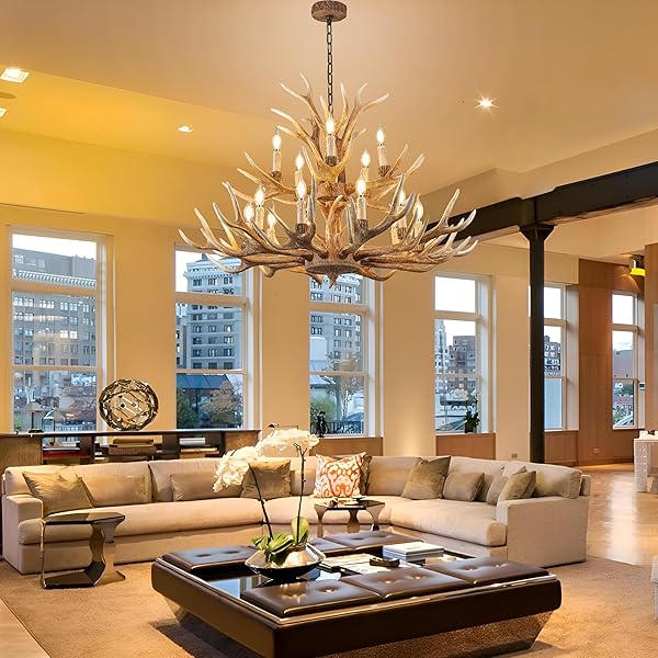 VIMATTO FARMHOUSE DEER CHANDELIER DOUBLE LAYER 10+5 LIGHT BROWN ANTLER CHANDELIER LIGHTING, VINTAGE RUSTIC ANTLER LAMPS RUSTIC ART DECO STYLE LIVING ROOM DINING ROOM (10+5 LIGHT ARMS + 3 ARMS)