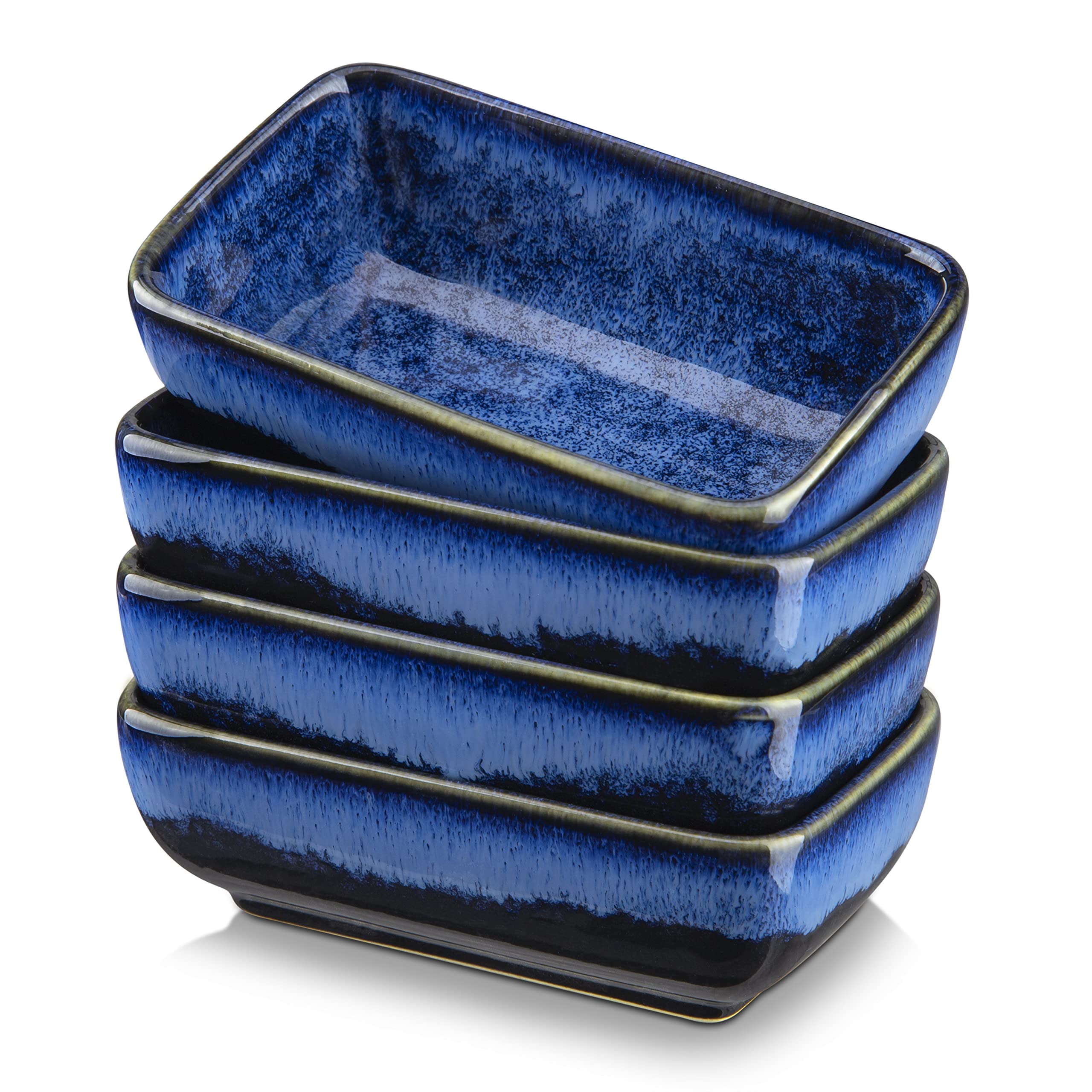 vancasso Stern Blue 4-Piece Saucer Dish Set, Reactive Glaze Dipping Snack Bowl, Ceramic Small Serving Dish/Condiment Dish/Seasoning Bowl/Sushi Soy Dish, Rectangular (11.5x6.8x4cm)