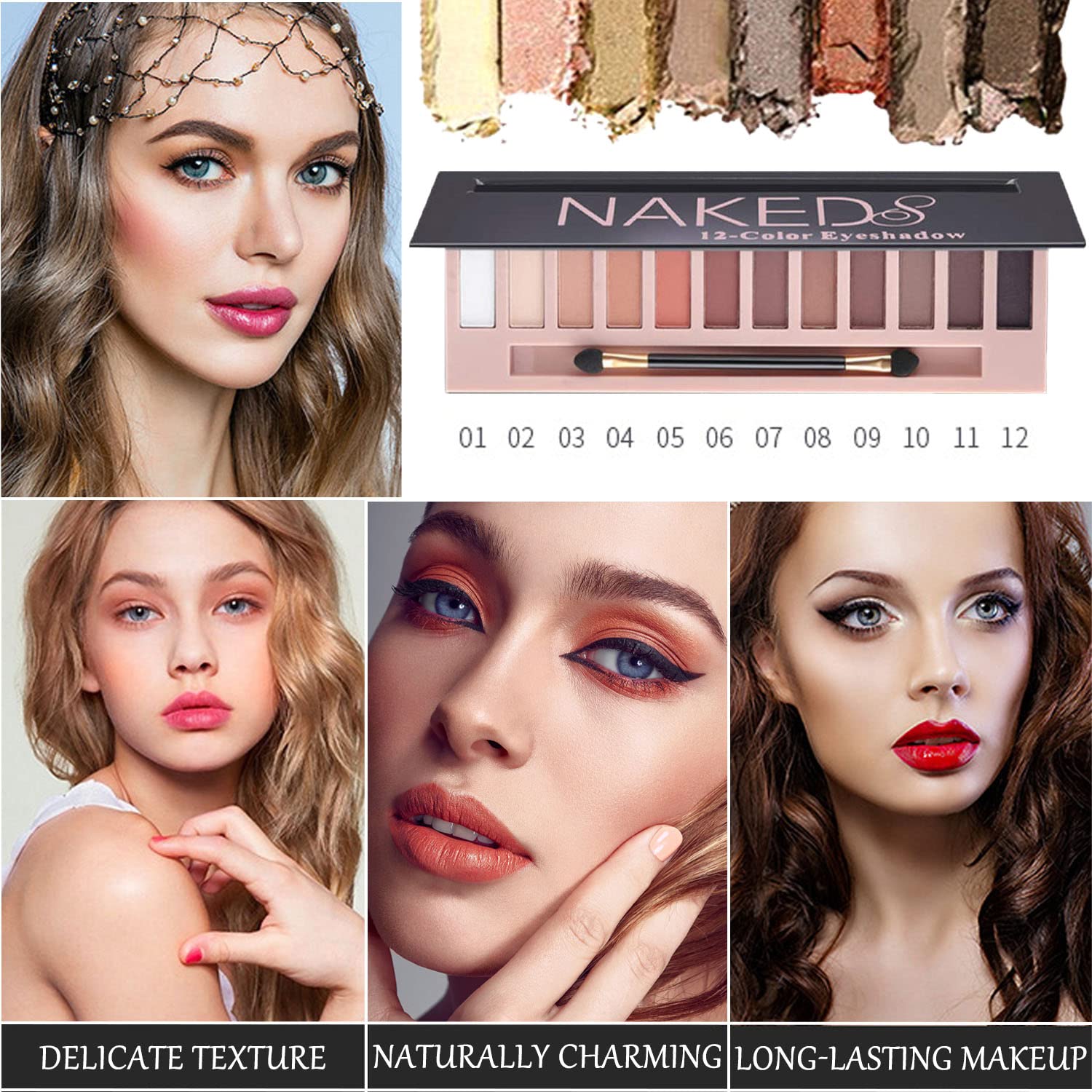 2 Pack 12 Colors Makeup Eyeshadow Palette,Nude Matte Smokey Shimmer Glitter Eye Shadow Palette,Blendable Rich Colors,Waterproof Professional Beauty Palette Kit with Double-Ended Makeup Brush(2 PCS)