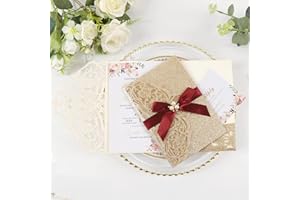 Maffily 25pcs Gold Glitter Laser Cut Invitations Tri-Fold Blank Personalized Wedding Invitations Pocket With Envelopes and Rs