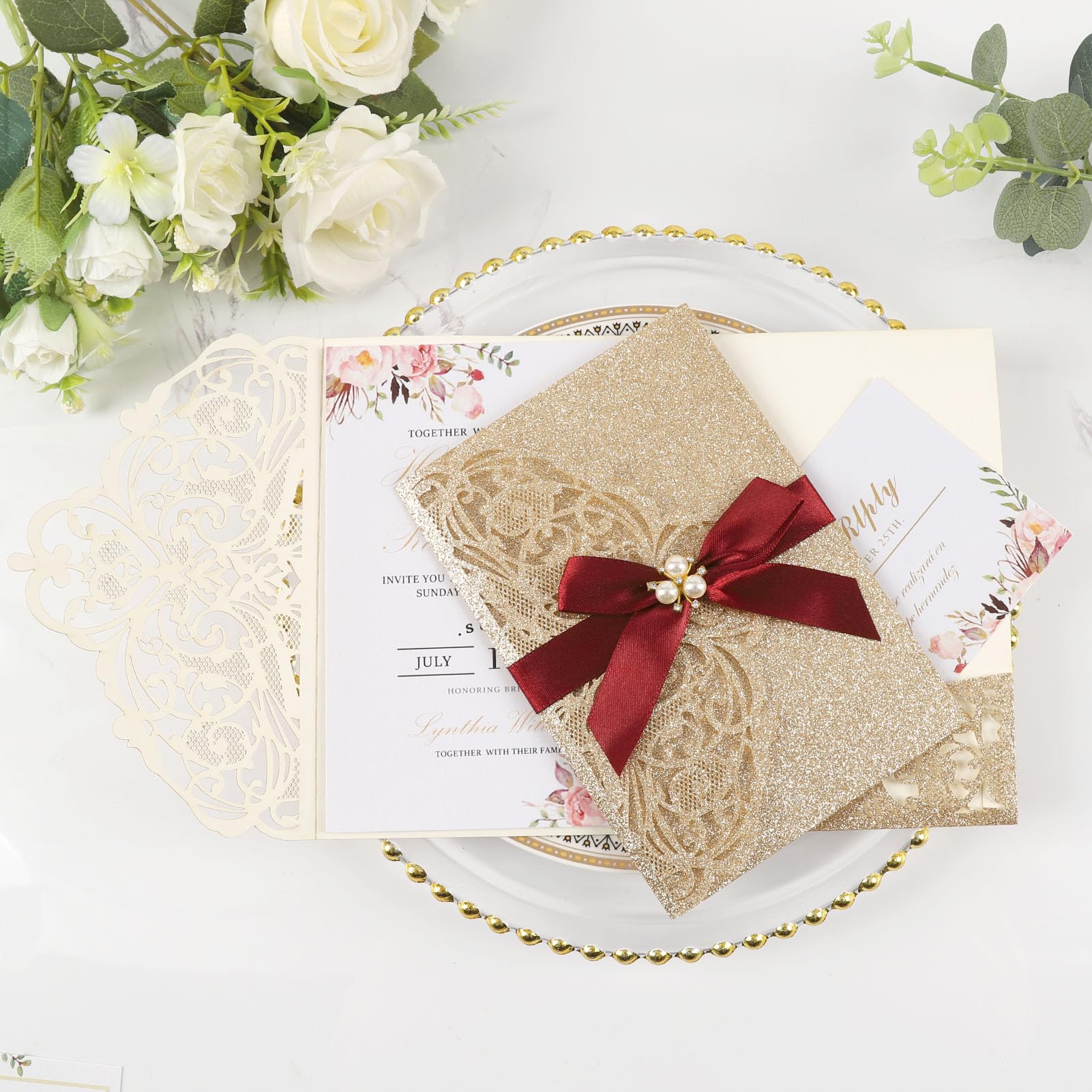 Photo 1 of Maffily 25pcs Gold Glitter Laser Cut Invitations Tri-Fold Blank Personalized Wedding Invitations Pocket With Envelopes and Rsvp Cards for Wedding Bridal Shower Quinceanera 15 Anos Invite