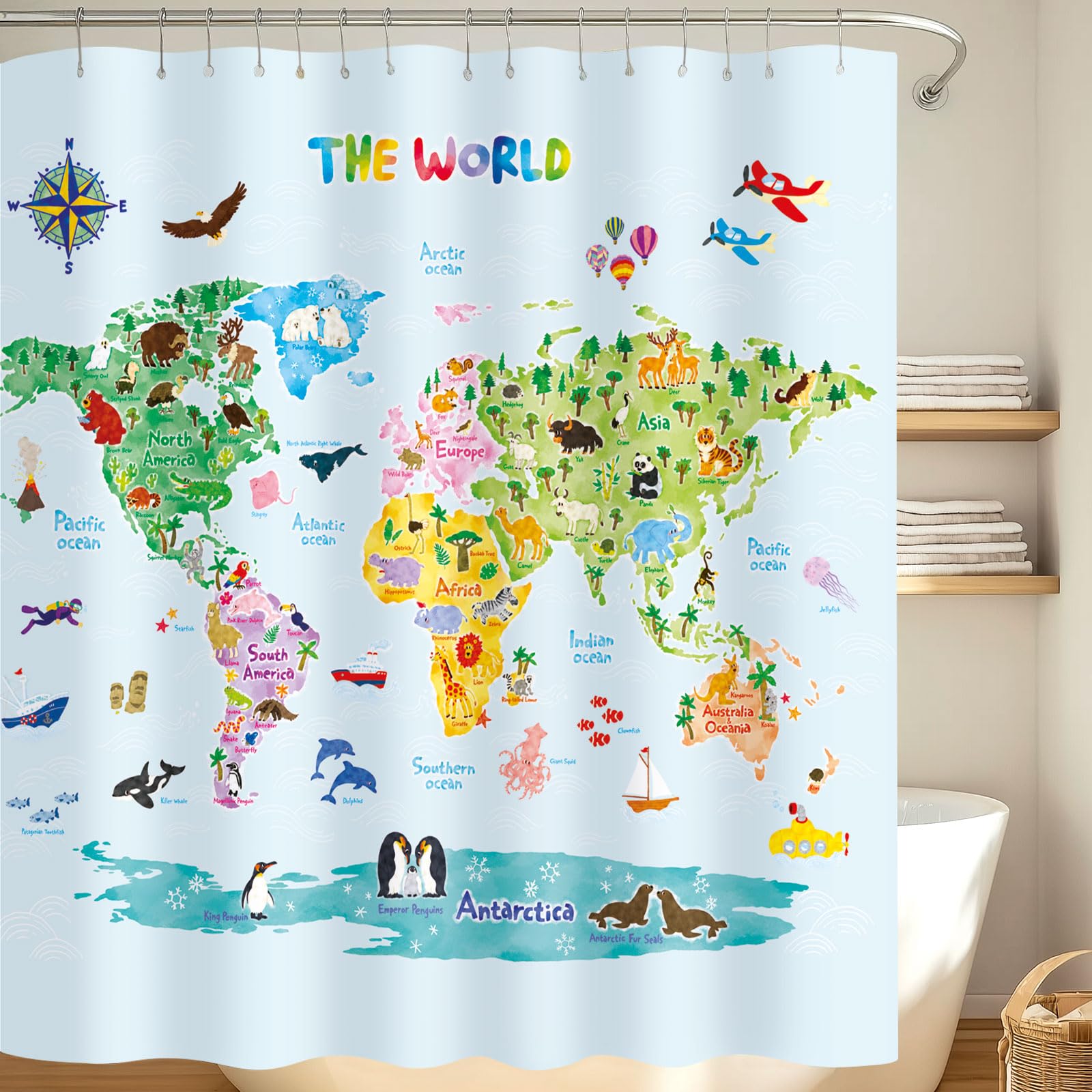 DECOWALL BSC-615 Kids Animal World Map Shower Curtain – Waterproof, Machine Washable, Rust-Resistant Grommets – Educational Bathroom Decor – 71"x71"(180x180cm) with 12 Hooks