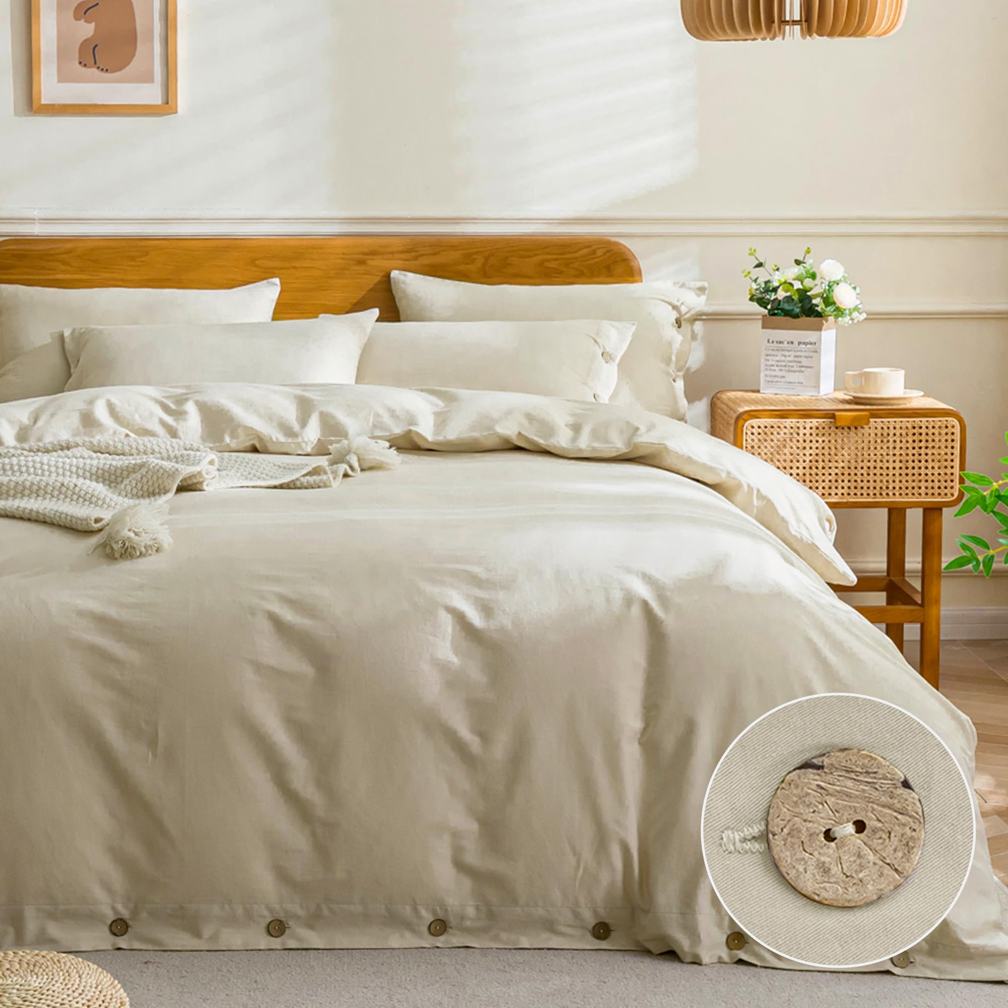 Photo 1 of JELLYMONI Cotton Duvet Cover Cal King Size - Light Khaki Comforter Cover with Button 100% Washed Cotton 3PCS Breathable Soft Solid Bedding Set Duvet Cover 104×98in & 2 Pillowcases (NO Comforter)