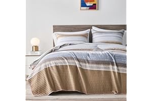 KAKIJUMN Full/Queen Quilt Bedding Set, White Grey and Khaki Patchwork Striped Quilt Set, 2 Pieces Soft Lightweight Bedspread Coverlet Set with 1 Pillow Sham(Khaki,Queen)