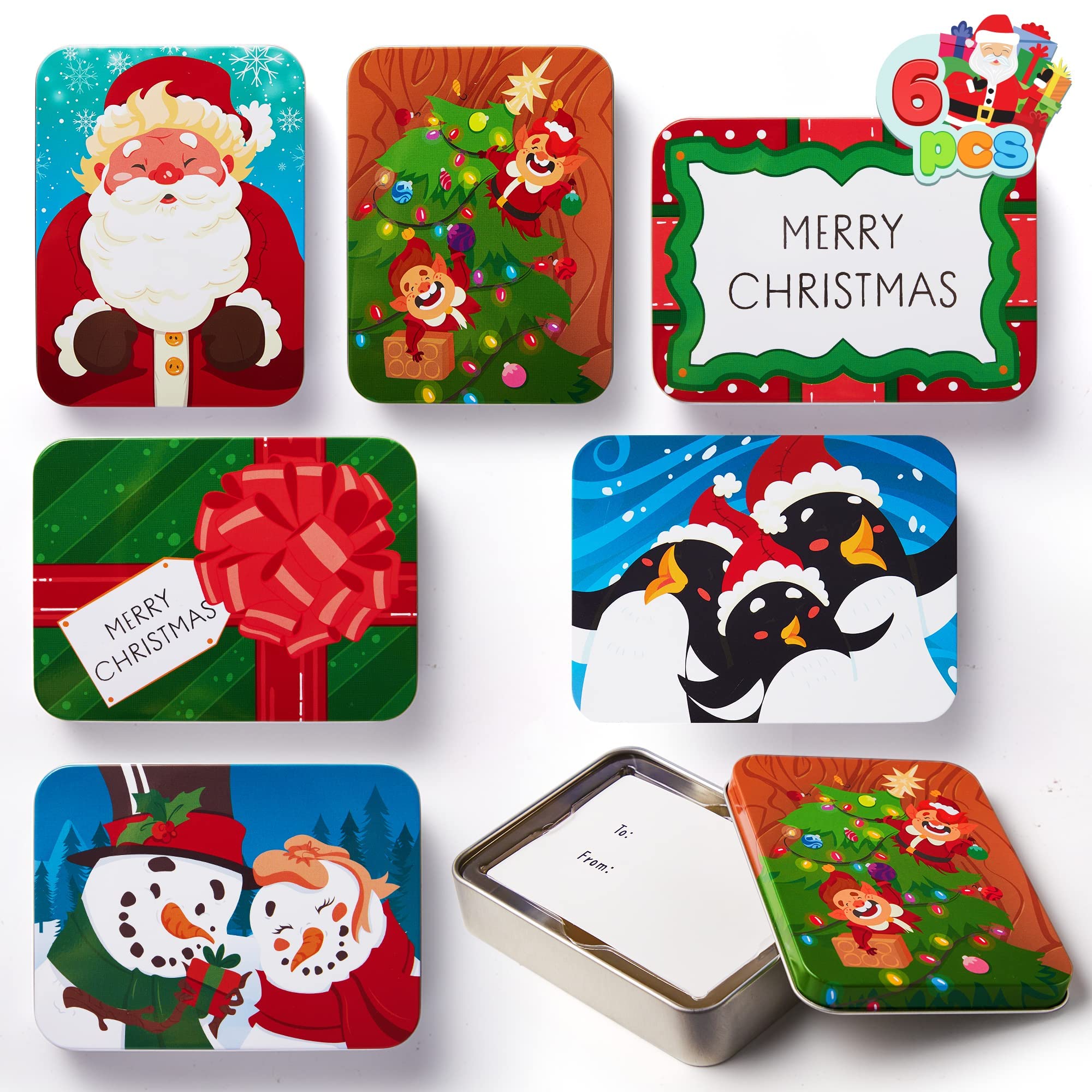 JOYIN 6PCS Gift Card Boxes Holder for Christmas, 4.33" x 2.6" x 0.6" Christmas Tins with Lids 6 Designs, Xmas Holiday Presents Decor, Party Favor Box