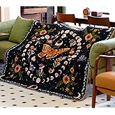Moon Phase Butterfly Boho Woven Throw Blanket for Couch Bed Lounge Chair Hippie Room Decor Bedspread Boho Vintage Throws Blankets Outdoor Blanket Aesthetic Wall Hanging Celestial Bedroom Decor 51”x59”