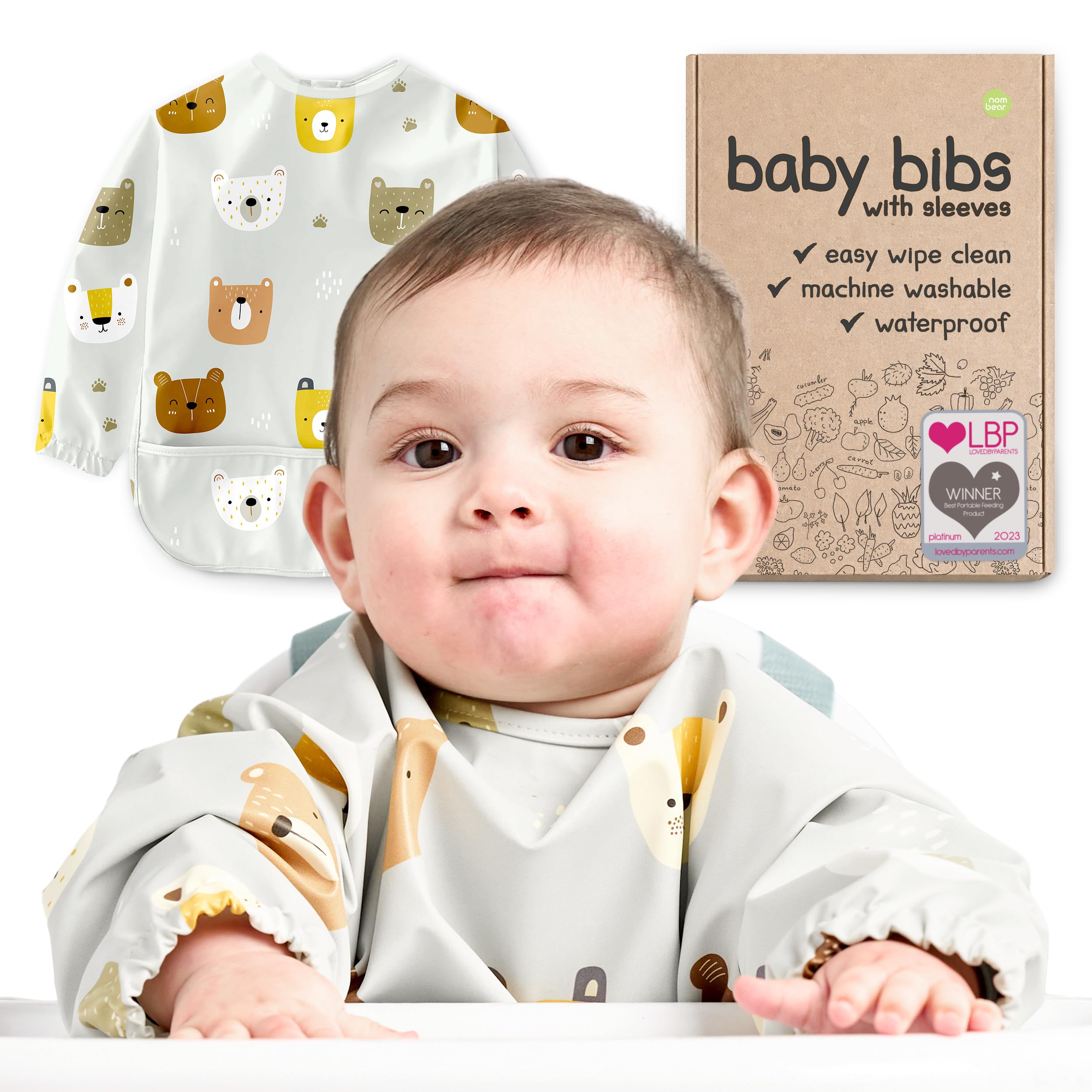 Nombear Baby Bibs with Sleeves for 6-24 Months, 1 Pack - Easy Wipe Clean, Machine Washable Baby Weaning Bib with Sleeves, Waterproof Long Sleeve Bibs, Non Silicone and Coverall Bib