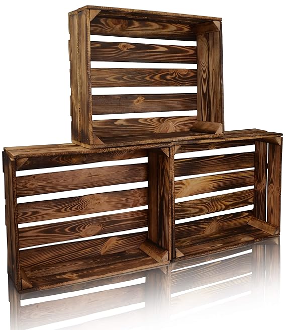 CHICCIE Holzkiste im Vintage Look - Verschiedene Größen - Geflammt Dunkel - Obstkiste Dekokiste (50x40x15cm, 3 Set)