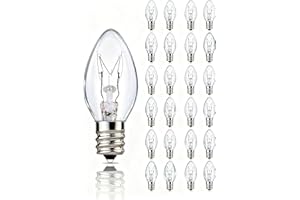 XINGZD 25 Pack C7 Clear Replacement Light Bulbs, E12 Candelabra Base 5W Warm White Incandescent Bulbs for Indoor Outdoor Christmas String Lights, Night Lights, Christmas Village Houses, Window Candles Decor