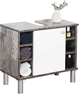 RICOO WM100-CF-W Mueble baño bajo Lavabo 60x54x32cm Armario Auxiliar pequeño Estantería Debajo lavamanos Toallero Madera Blanca y Gris Vintage
