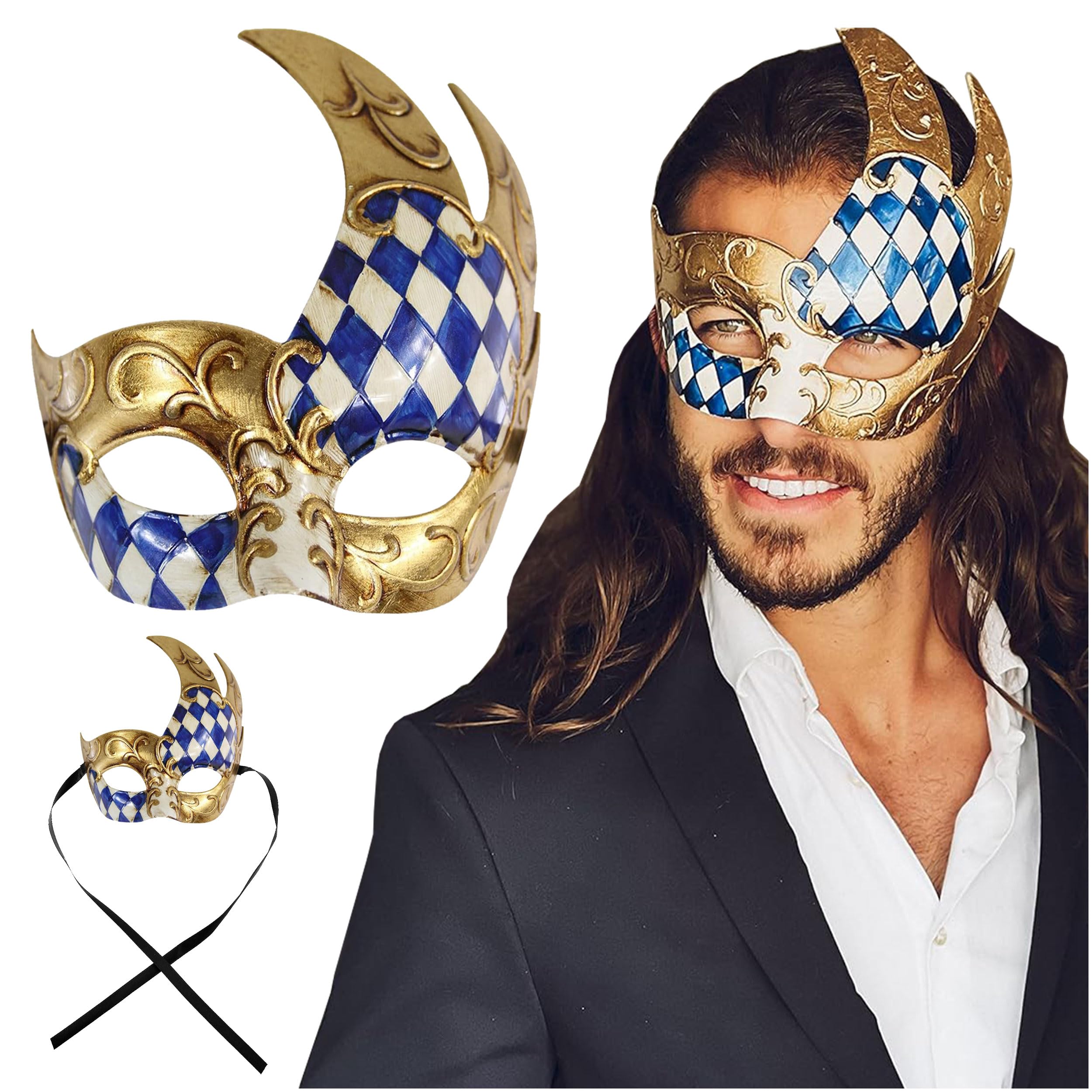 Luxury Mask Men's Vintage Design Venetain Prom Mardi Gras Musical Checkered Masquerade One Size Blue/Gold Checkered