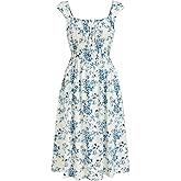CIDER Women Summer Midi Dress Floral Square Neck Short Sleeve Casual Midi Dress with Pockets