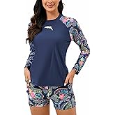 Halcurt Women's Built in Bra Rash Guard Long Sleeve Swimwear UPF 50 Two Piece Swim Shorts and Tops