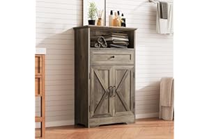 Viroformo Floor Cabinet, Farmhouse Storage Cabinet with Barn Doors and Drawer, 11.81" D x 23.62" W x 39.37" H Grey Freestanding Adjustable Shelf Organizer for Bathroom, Kitchen, Living Room