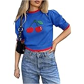 WDIRARA Women's Cute Cherry Sweater Mock Neck Puff Short Sleeve Sweaters Knit Crop Tops