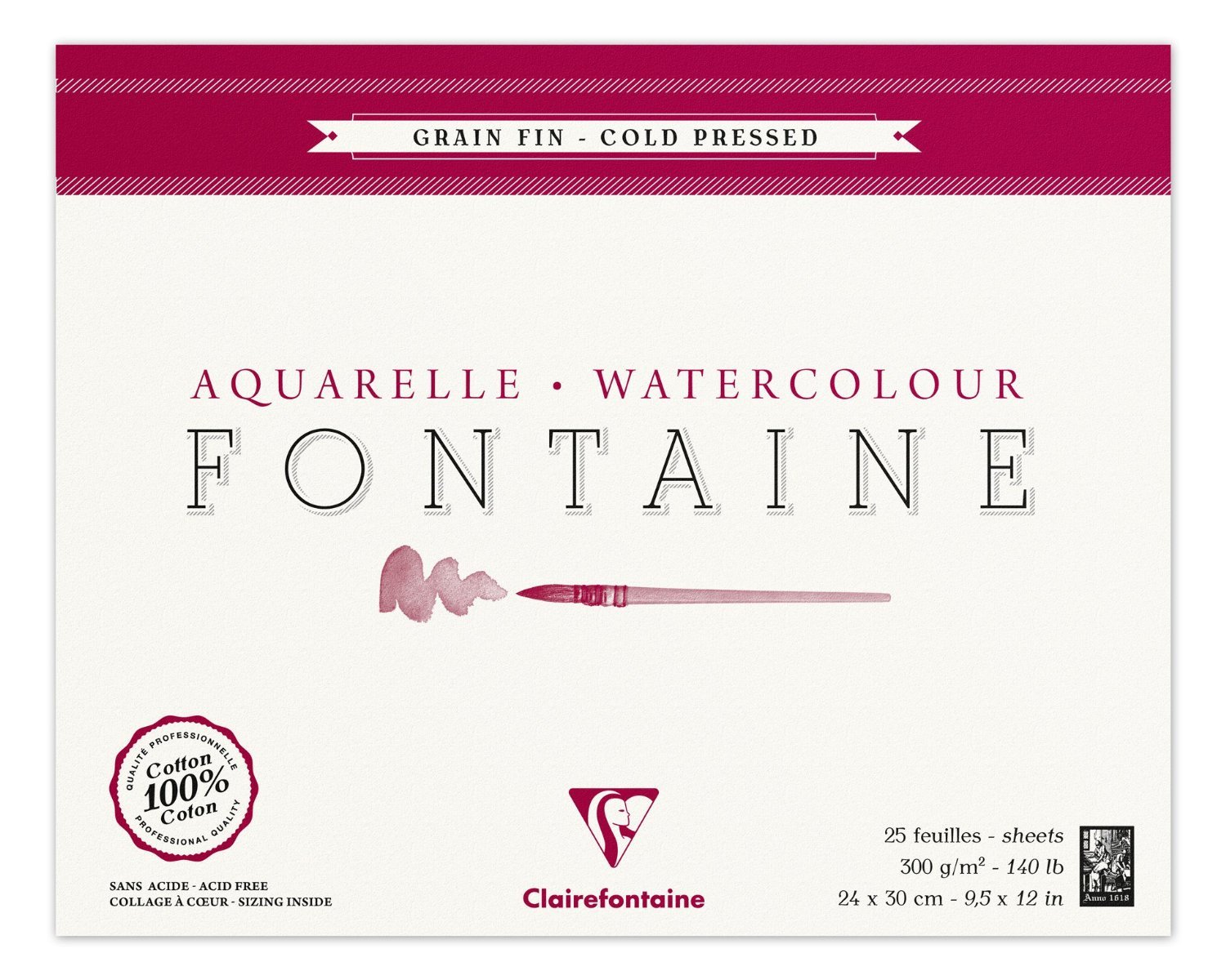 Clairefontaine - Ref 96414C - Fontaine Cold Pressed Watercolour Glued Pad (25 Sheets) - 24 x 30cm Size, 300gsm Paper - Suitable for Watercolour Artwork