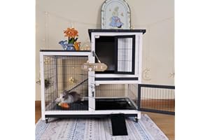 FunXplore Rabbit Hutch Indoor Bunny Cage Outdoor with Urine Guards 2 Storey Mobile Guinea Pig Cage Weatherproof Asphalt Roof Wire Bottom 2 Trays