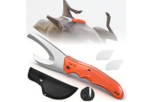 HappyAlley Field Dressing Kit for Deer Hunting, 3-in-1 Super Utility Skinning Knife with Black Nylon Sheath & Ceramic Sharpener & Assist Protective Cap, Deer Gut Hook Knife