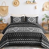 Dintszyayue Boho Quilt Set Queen Size,3 Pieces Aztec Texture Bedspread Black Grey Western Coverlet Set Soft Lightweight Bed Cover for All Season Geometric Bedding with 2 Pillowcases(Black,96"x90")