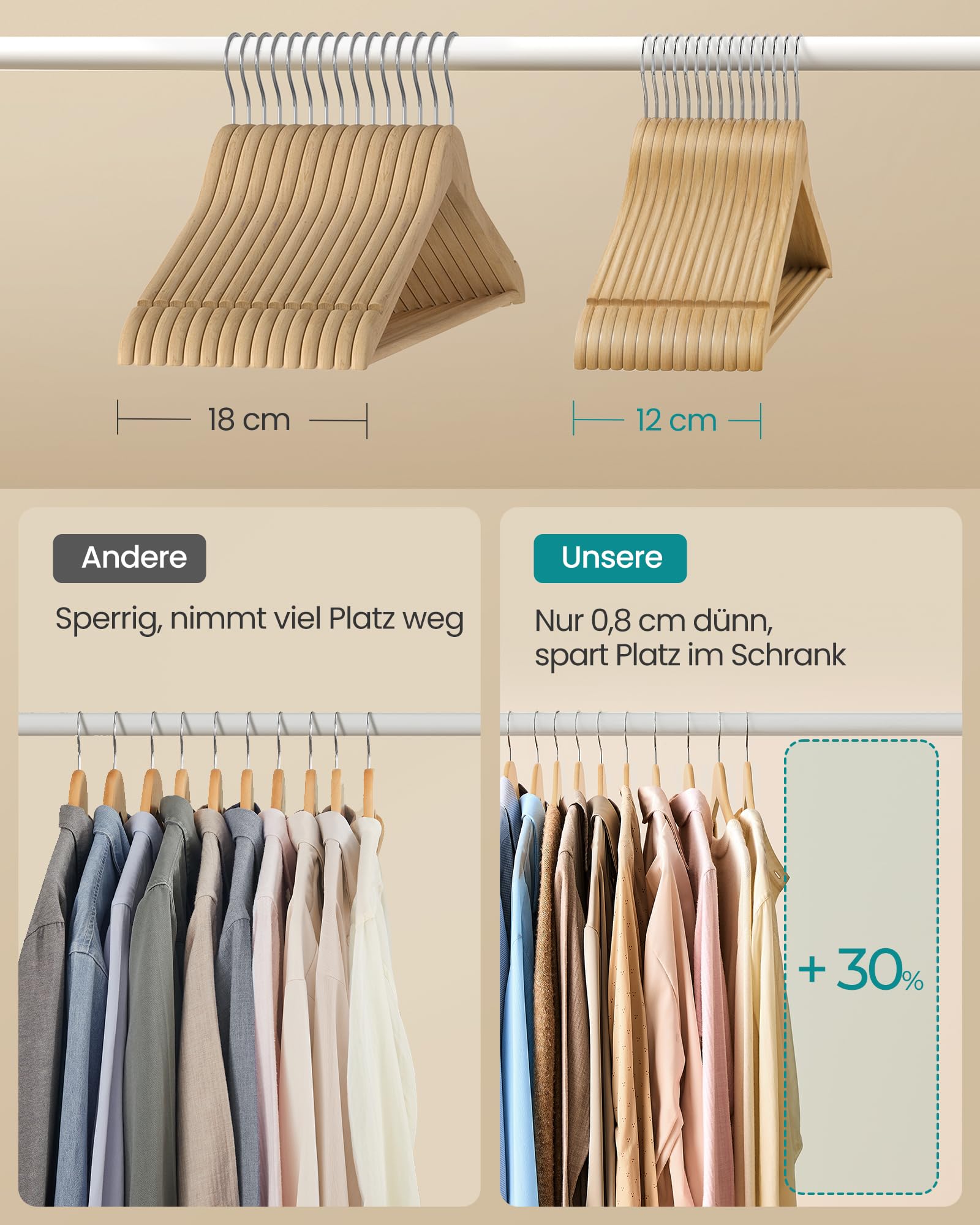 SONGMICS Kleiderbügel Holz, 30er Set, Holzbügel schlank, Bügel, platzsparend, Hosenbügel, 360° drehbarer Haken, Birkenholz, für Träger und Jacken, naturfarben CRW030K01 4