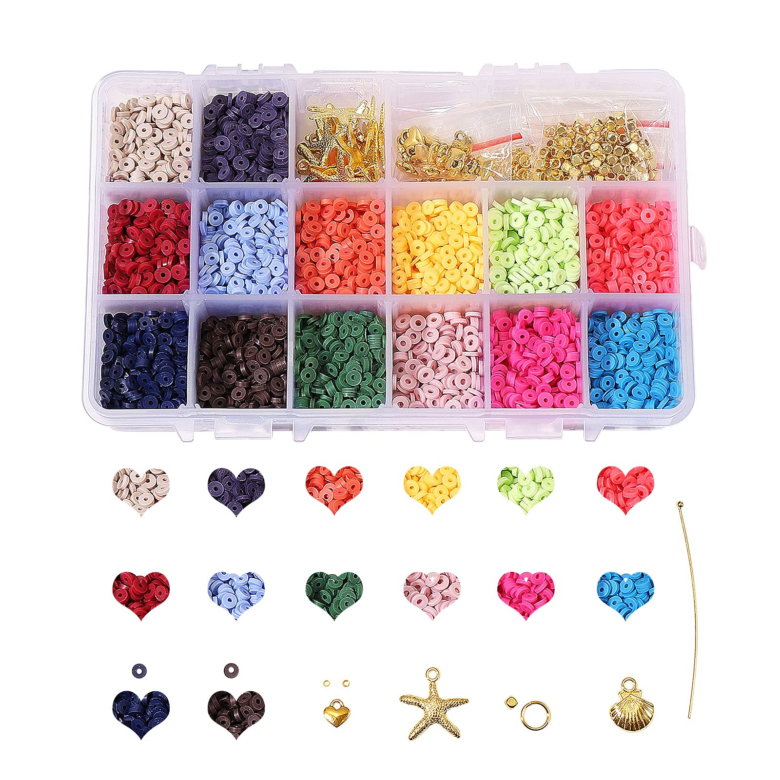 BEEFLYING 3920Pcs 14 Colors Heishi Polymer Clay Beads Flat Round Spacer Beads Kit with Shell Pendants Elastic String Container Box Jump Ring for DIY Bracelets Necklace Jewelry Making (4mm)