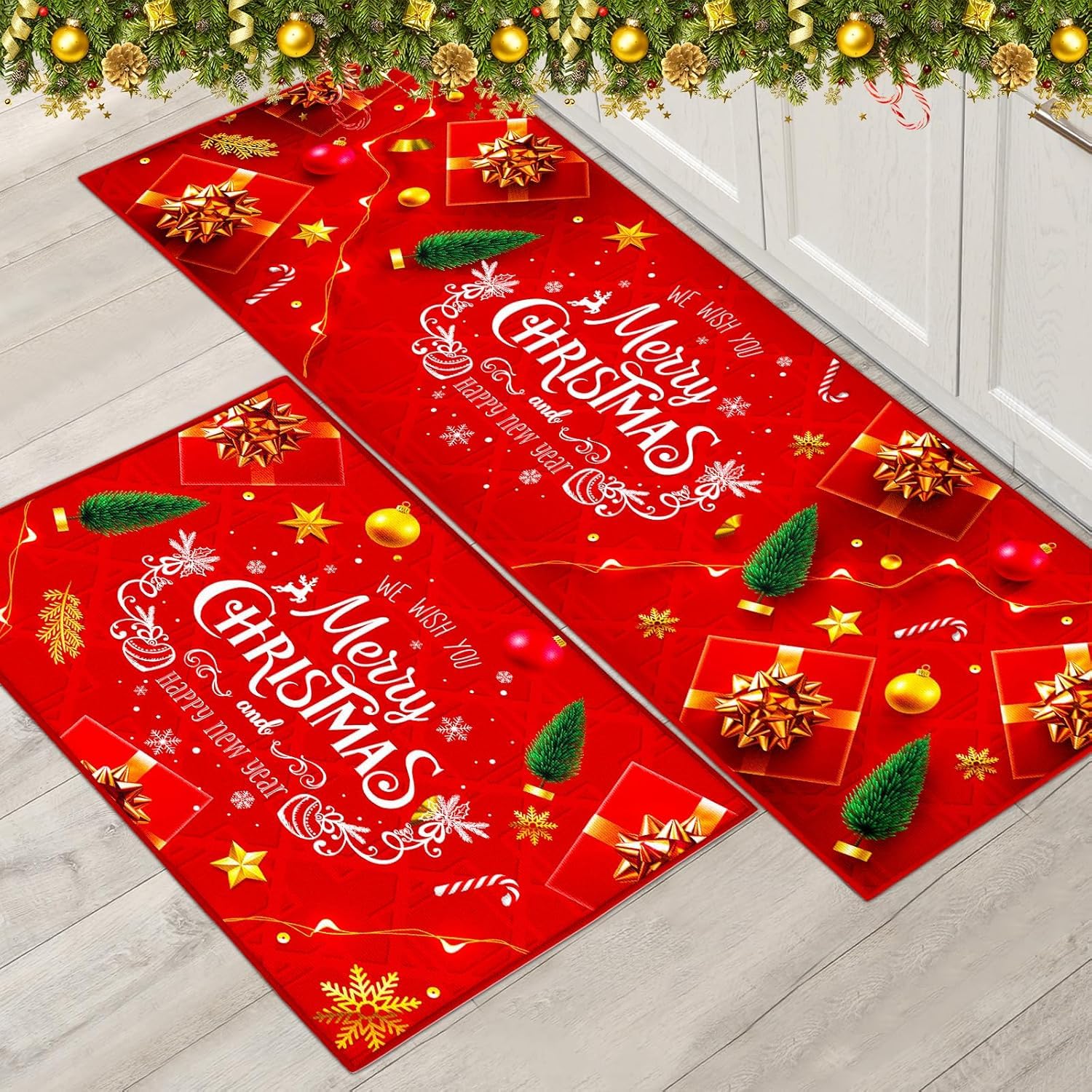 PORJDN Christmas Rug Set Christmas Indoor Floor Red Rug, Xmas Door Mat Runner Rug Mat for Kitchen Home Decor Washable Runner. (Style B, 43x150+43x75cm)