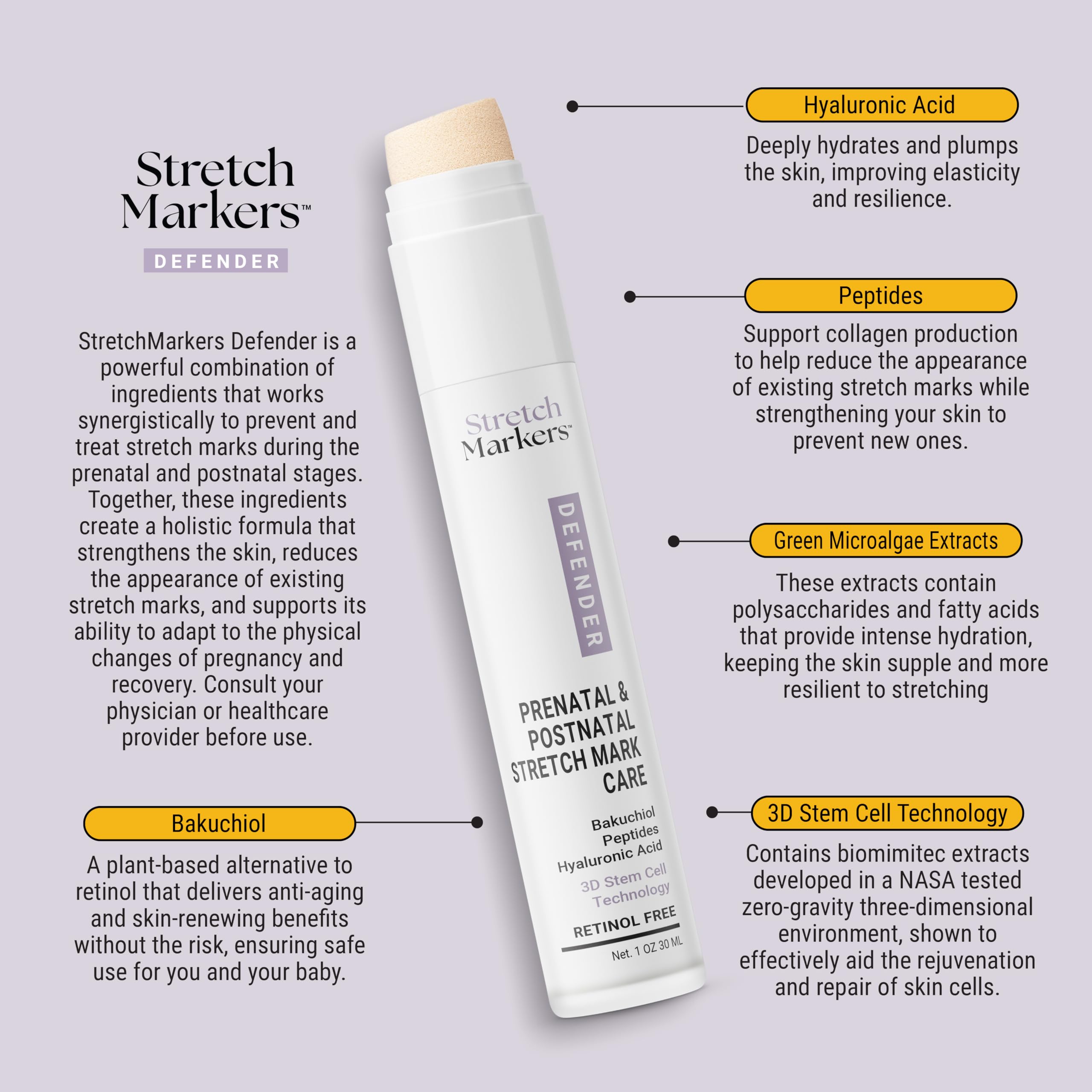 StretchMarkers Pregnancy Defender: Prevent, visibly reduce & treat stretch marks cream, 1fl oz, Bakuchiol, Hyaluronic Acid, Bioactive Peptides & 3D Stem Cell Technology. Retinol Free.