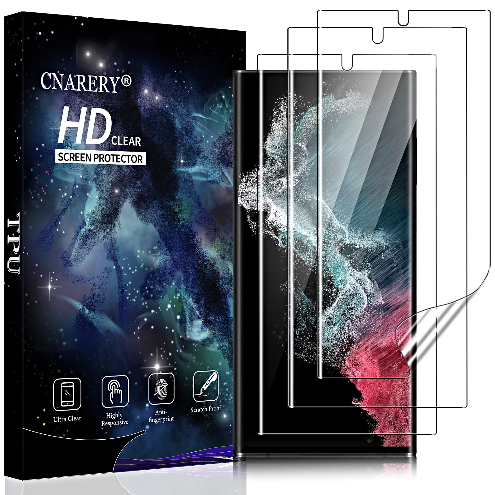 Photo 1 of Cnarery 3 Pack Screen Protector for Samsung Galaxy S22 Ultra [Not Glass], Support Fingerprint Flexible TPU Film with Camera Lens Protector, Full Coverage